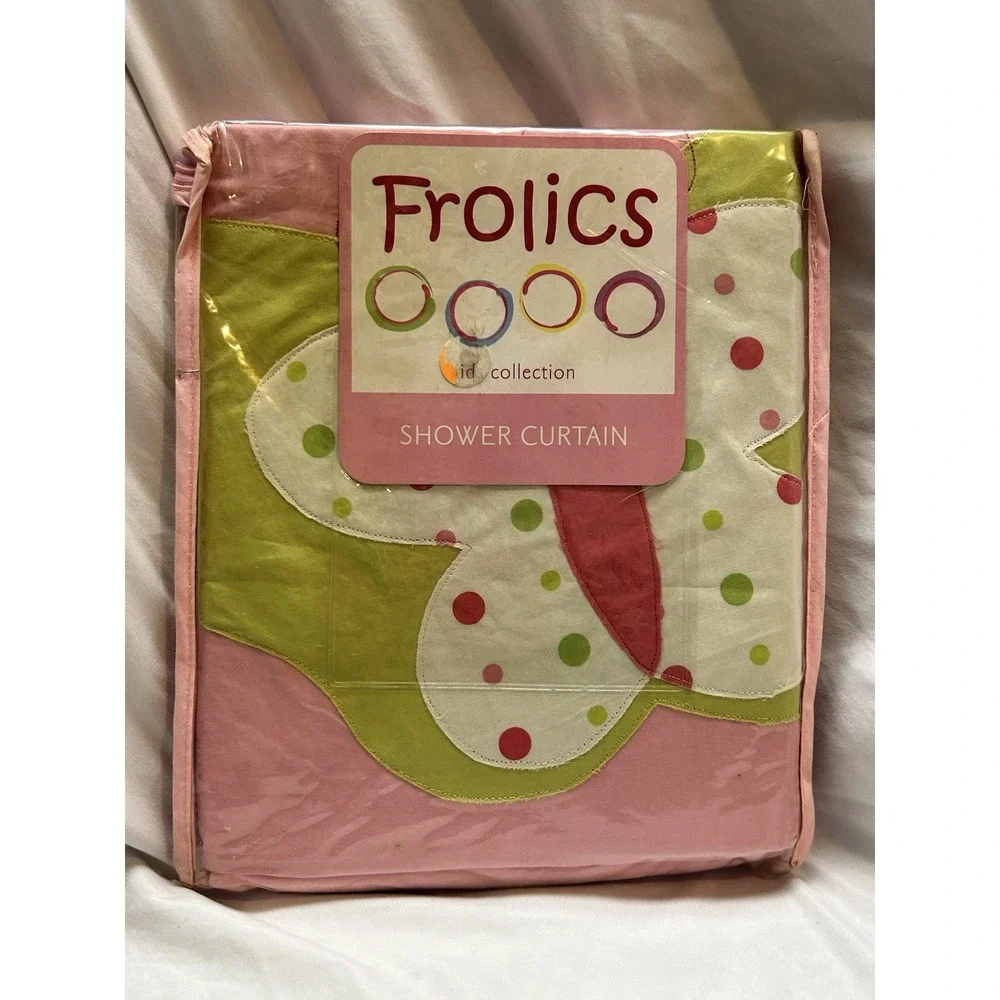 VTG Y2K Frolics Pink Shower Curtain New Butterfly Ladybug Dots Flowers Stripes